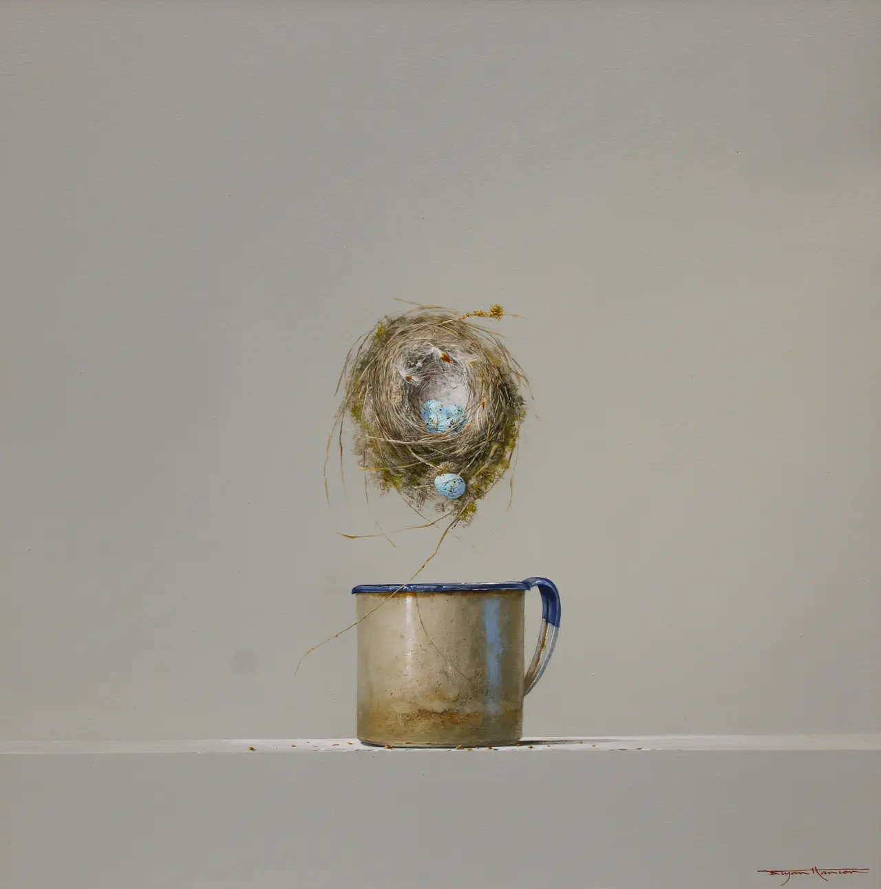Bryan Hanlon - tin mug and goldfinch egg